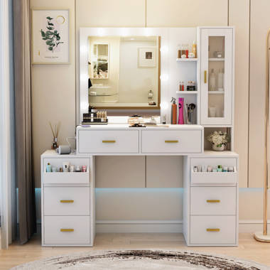 Mercer41 Priansh Vanity Desk with Mirror and Lights, Makeup Vanity 